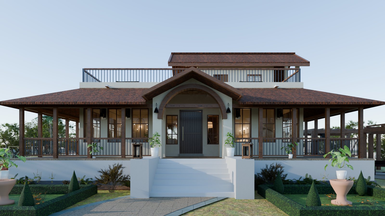 Cycles render of the farmhouse front at golden hour, 21 March 17:12